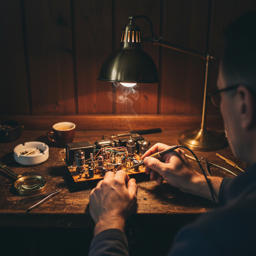 Hands soldering an amplifier circuit board.