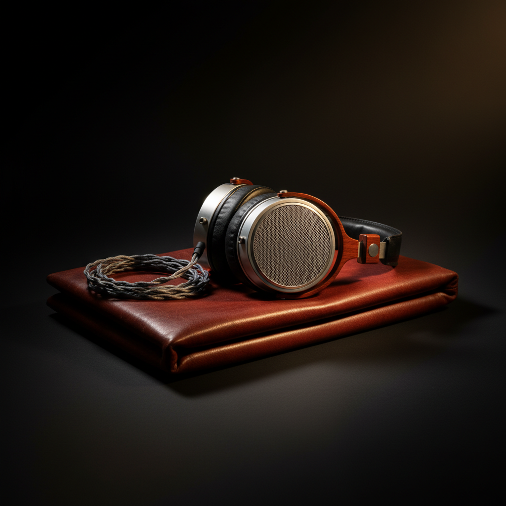 Open-back headphones on leather.
