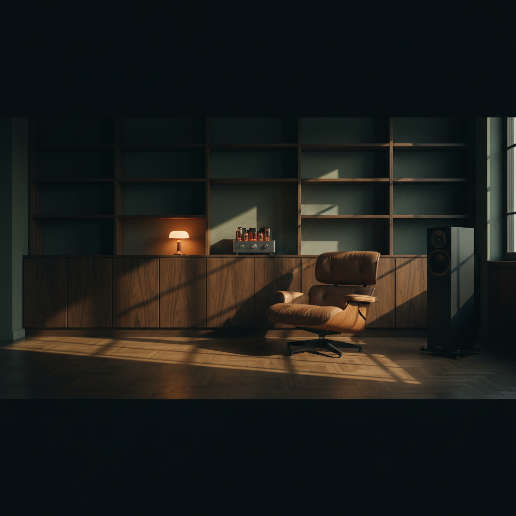 A listening room at dusk.