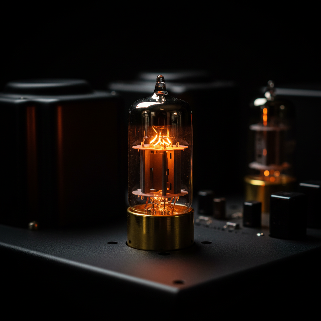 Glowing 300B triode vacuum tube.